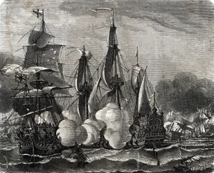 Slag bij Bantry Bay, zeeslag gevochten op 11 mei 1689, een week voor de verklaring van de Negenjarige Oorlog (gravure)