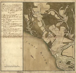 Slag bij Green Spring, Kaart van het Land aan de Linkeroever van de James River tegenover Jamestown in Virginia waar de Slag van 6 Juli Plaatsvond