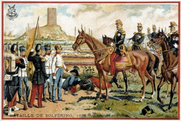 Slag bij Solferino: Overwinning bij de Slag bij Solferino tegen de Oostenrijkers in 1859 - Forey divisie. Liebig Chromolithografie