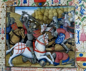 Slag van ridders Miniatuur uit het manuscript “De roman van Tristan” door Meester Charles van Maine