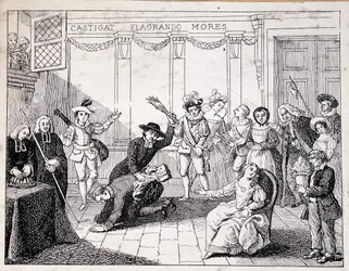 Beaumarchais geseling in Saint Lazare - scène van geseling door Beaumarchais, met in de hand de brochure van de Folle journée - naar schilderij van de Comédie Française, gravure