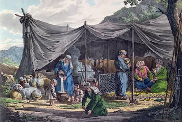 Bedoeïenenkamp in Libanon, begin 19e eeuw (kleuren gravure)