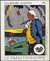 Benjamin Franklin, Amerikaans politicus en natuurkundige (1706-1790) en de bliksemafleider (de ervaring met de vlieger) - Etiket, begin 20e eeuw