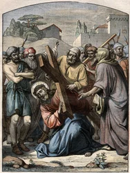 Bijbelse scène - Kruisweg: Jezus geholpen door Simon van Cyrene (de Cyreneeër). Gravure in 