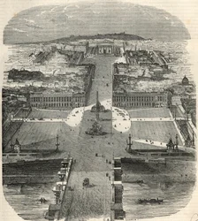 Vogelperspectief van Place de la Concorde, rue Royale met de kerk van de Madeleine - Gravure in 