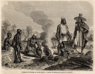 Smit aan het werk in Fouta Djalon (Senegal), tekening door Hadamard, ter illustratie van de reis van luitenant Lambert naar de Fouta Djalon in 1860. Gravure in "Le tour du monde" 1861. Selva
