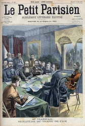 Boerenoorlog. De ondertekening van het Vredesverdrag van Transvaal tussen Boerenleiders en de Britse generaal Horatio Herbert Kitchener (1850-1916) in Pretoria, Zuid-Afrika. Gravure in "Le Petit Parisien"