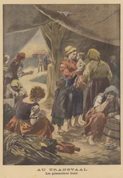 Boerinnen in een concentratiekamp in Zuid-Afrika (kleurenlitho)