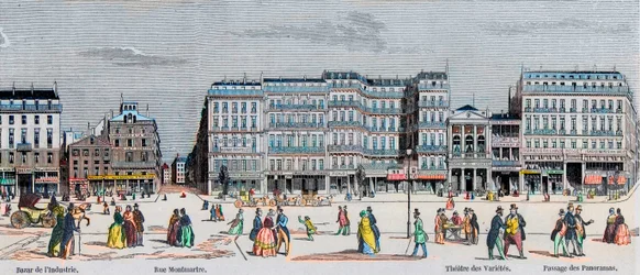 Boulevard Poissonniere en Boulevard Montmartre - bazaar van industrie - Rue Montmartre - Théâtre des Variétés en passage des Panoramas - Gravure in 