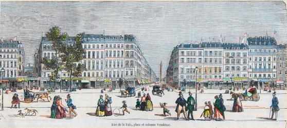 Boulevard des Capucines (Zuidkust) - Rue de la Paix, plein en kolom Vendome - Gravure in "Tableau-de-Paris" door Edmond Texier 1852