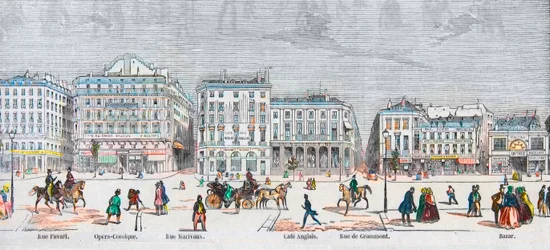 Boulevard des Italians zuidkant - Rue Favart - Opera comique - Rue Marivaux - café Anglais - Rue Grammont - Bazar - Gravure in 
