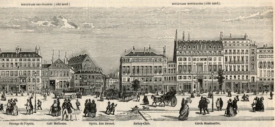 Boulevard des Italiens en boulevard Montmartre - Cafe Mulhouse - Cercle Montmartre - Jockey club - Gravure in 
