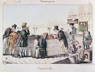 Boekverkopers langs de oevers van de Seine in Parijs, begin 19e eeuw