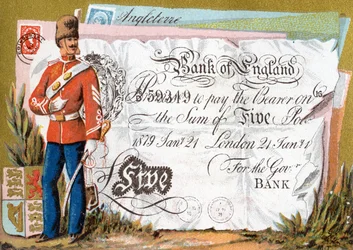 Britse soldaat die een Bank of England vijf pond biljet bewaakt, 1886-95