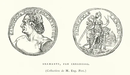 Bronzen portretmedaille van de Italiaanse Renaissance-architect Donato Bramante door Caradosso, ca. 1506