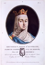Brunhilda, Koningin van Austrasië, uit Portraits des grands hommes, femmes illustres, et sujets memorables de France, gepubliceerd 1787-92