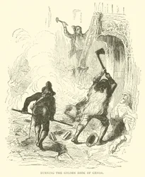 Het verbranden van het Gouden Boek van Genua (gravure)