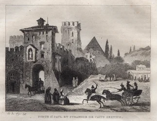 Piramide van Caius Cestius en Poort van Sint-Paulus in Rome - Gravure uit 