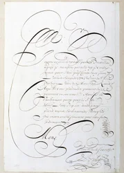 Calligrafie: Brief van rekeningen gecalligrafeerd rond 1678 door Francois de Bruyn. Historische Bibliotheek van de Stad Parijs