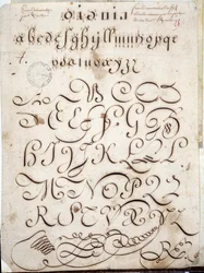 Calligrafie: Manuscriptstuk van rond op velijn versierd met arabesken rond 1813 door Sebastien Royllet. Historische Bibliotheek van de Stad Parijs