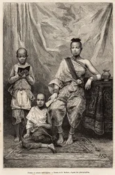 Cambodjaanse vrouw en kinderen, gravure naar een tekening van D.Maillart, ter illustratie van de reis naar Cochinchine, door dokter Morice, 1872, gepubliceerd in 