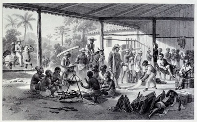 Kamp van Zwarte mensen in Brazilië. Gravure uit de 19e eeuw. Chartres, Museum voor Schone Kunsten
