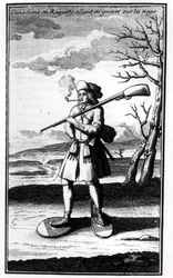 Canadees met sneeuwschoenen gaat ten strijde in de sneeuw, uit Histoire de lAmerique septentrionale door Bacqueville de La Potherie (1663-1736) gepubliceerd in 1753