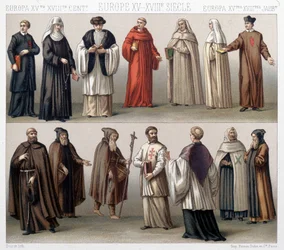 Kanunniken van het Heilig Graf in Polen. Boven: 17e en 18e eeuwse kostuums. Beneden: kostuums uit de oude periode