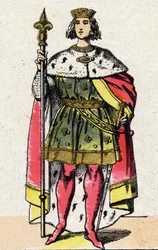 Capetingische dynastie: Portret van Filips IV van Frankrijk, bekend als Filips de Schone (1268-1314), koning van de Franken van 1285 tot 1314. Epinal afbeelding eind 19e eeuw. Privécollectie.