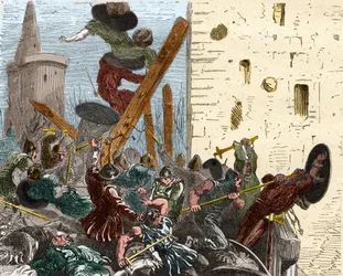 Inname van Carcassonne tijdens de kruistocht tegen de Albigenzen in augustus 1209. Gravure in "Histoire De France En Cent Peintures" door Paul Lehugeur 1891