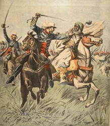Gevangenneming van Samory door luitenant Jacquin, illustratie uit Le Petit Journal: Supplement illustre, 30 oktober 1898