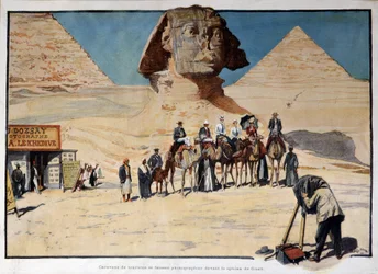 Karavaan van toeristen gefotografeerd voor de sfinx van Gizeh (Guiseh, Giza, Gizeh)