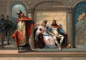 Caribert of Cherebert, Koning van Parijs (561 - 567). Chromolithografie uit de late 19e eeuw.