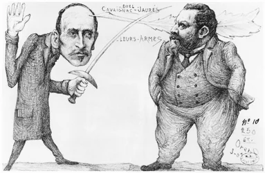 Karikatuur van een duel tussen Godefroi Cavaignac, minister van Oorlog en Jean Jaurès, socialistisch leider en pacifist, 1898