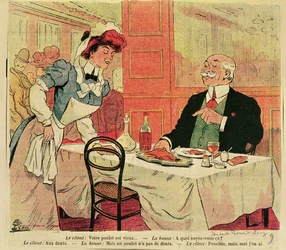 Karikatuur van klant en serveerster in een restaurant, ca. 1905