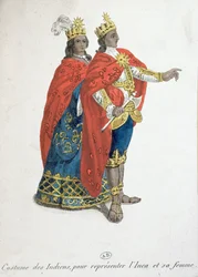 Carnavalskostuums die de Inca koning en koningin vertegenwoordigen, eind achttiende eeuw