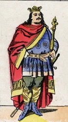 Karolingische dynastie: Portret van Karel III de Dikke (839-888) Koning der Franken van 881 tot 887. Epinal afbeelding uit het einde van de 19e eeuw. Privécollectie.