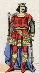 Karolingische dynastie: Portret van Lodewijk II de Stamelaar, koning van de Franken. Epinal afbeelding.