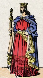 Karolingische dynastie: Portret van Lodewijk IV, bekend als Overzee (921-954), Koning van de Franken van 936 tot 954. Epinal afbeelding eind 19e eeuw. Privécollectie.