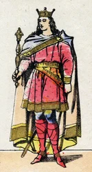 Karolingische dynastie: Portret van Lodewijk V de Luie (967-987), koning der Franken van 986 tot 987. Epinal afbeelding uit het einde van de 19e eeuw. Privécollectie