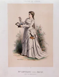 Carolyne Carvalho (1827-1895), Franse sopraan die Margherita speelt in Faust door Charles Gounod (1818-1893).