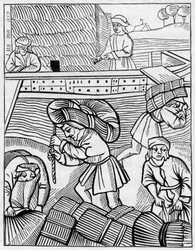 Hooi vervoerders in de Middeleeuwen. Gravure in 