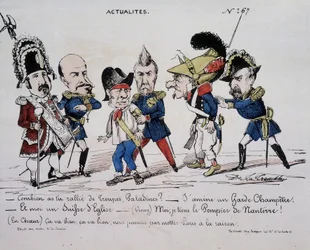 Cartoon over de Commune News - Hoeveel troepen heb je verzameld, Paladine? - Ik breng een landwacht. En ik ben een Zwitserse kerk. - (Vinoy) Ik houd de brandweerman van Nanterre vast - (In het hart) Het is goed, het is goed, we zullen Parijs eindelijk tot 
