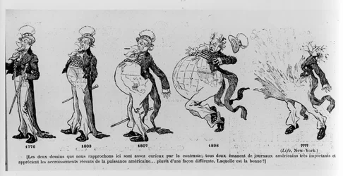 Cartoon over de landaankopen van de Verenigde Staten van Amerika, illustratie uit Le Rire, 4 maart 1895