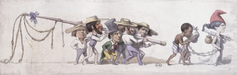 Cartoon die Frankrijk afbeeldt als de slavenhandelaar van zijn koloniën, ca. 1845-48
