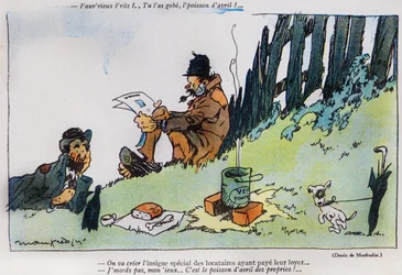 Cartoon van twee zwervers, uit de 1 april editie van La Baionette magazine, 29 maart 1917