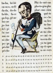 Cartoon in een Pruisisch slagschip kostuum. ABC militair (alfabet - abecedarium). Beeld van Epinal