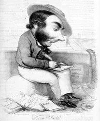 Cartoon van Eugène Sue schrijvend, omringd door zijn publicaties in de pers - in Le Charivari, circa 1840