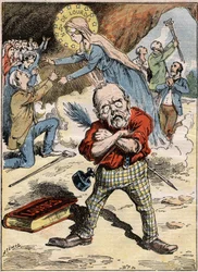 Cartoon van de schrijver Emile Zola (1840-1902) die perplex staat over de toewijding van de gelovigen in Lourdes, ondanks zijn kritiek op het onderwerp in zijn roman 