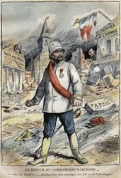Spotprent op commandant Jean-Baptiste Marchand in Toulon, terugkerend van een ontdekkingsmissie (1896-1899) in Afrika. Gravure in 